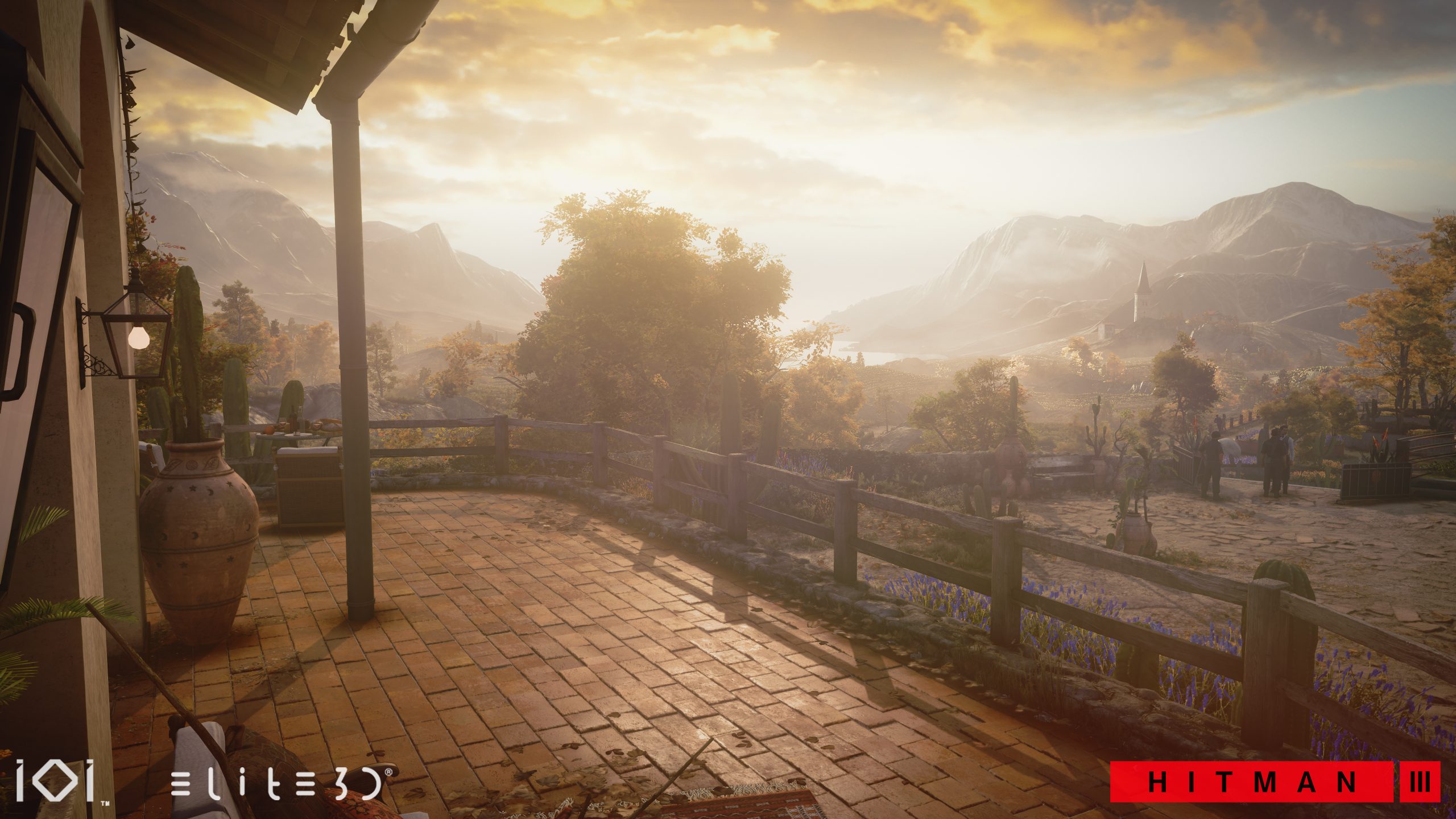 Hitman III Mendoza environment overlooking mountains at sunset