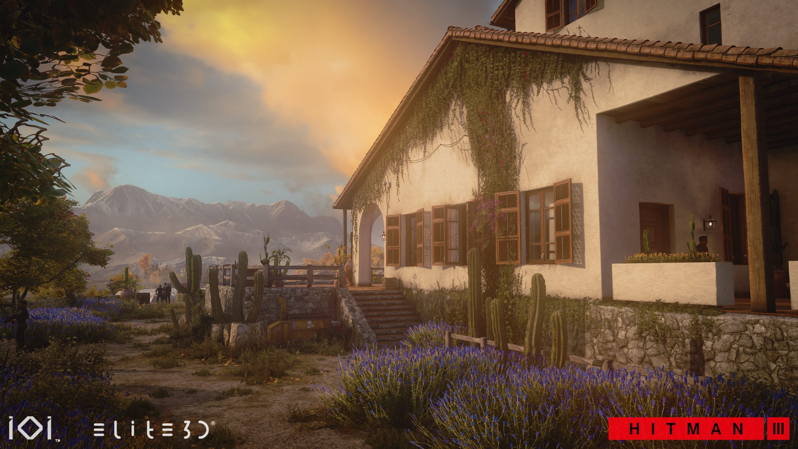 Hitman III Mendoza villa environment with mountain landscape and gardens