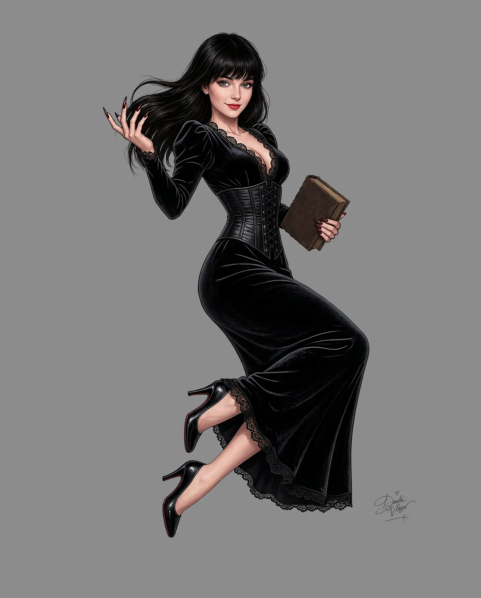 Gothic female character concept art holding an ancient book