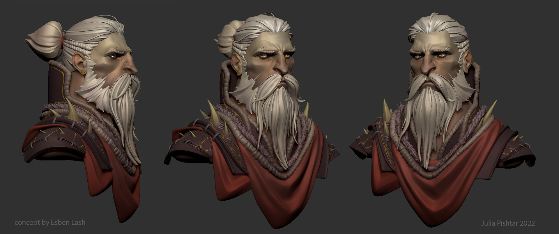 Stylized 3D bust of an elderly bearded warrior by Julia Pishtar shown from three angles
