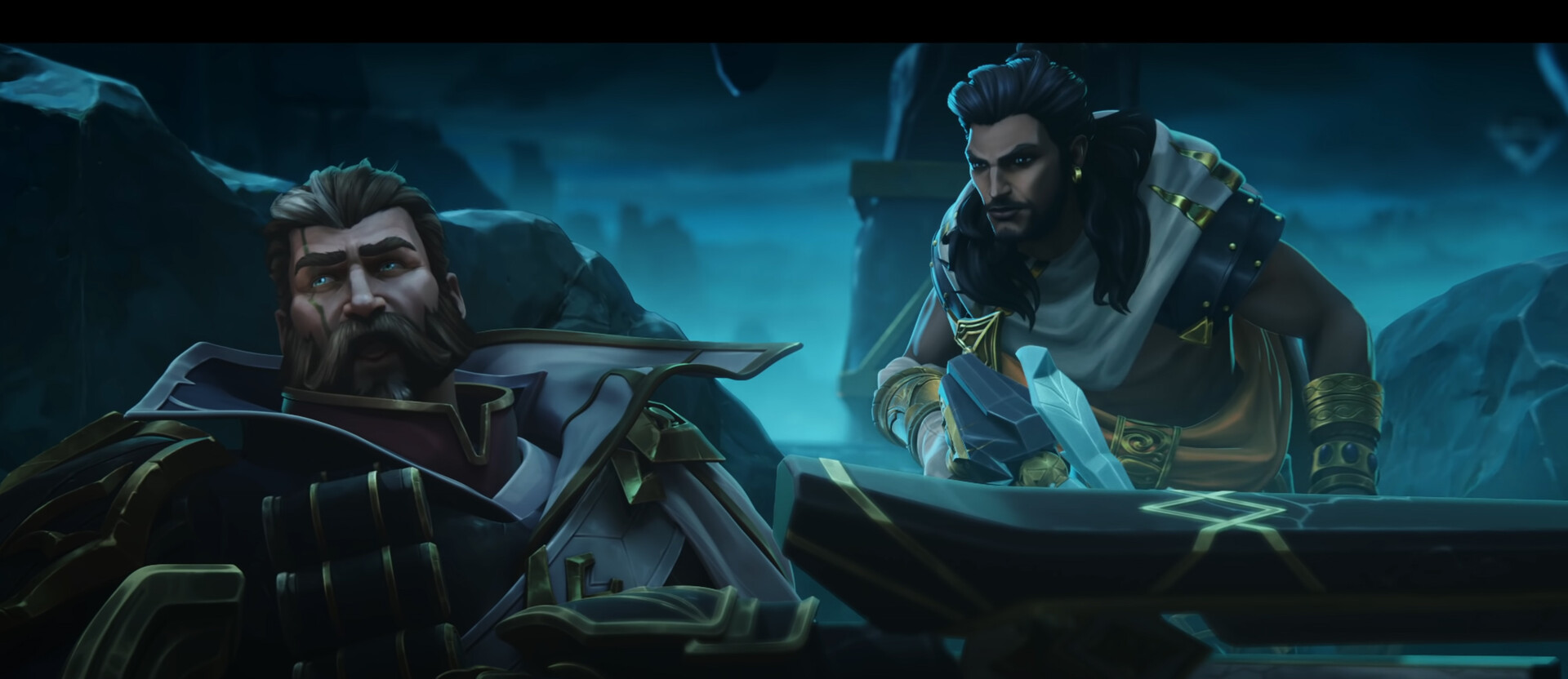Akshan standing beside an injured warrior in a League of Legends cinematic scene
