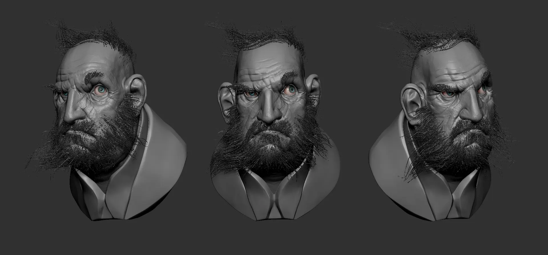 3D sculpt of a bearded male character by Julia Pishtar shown from three angles