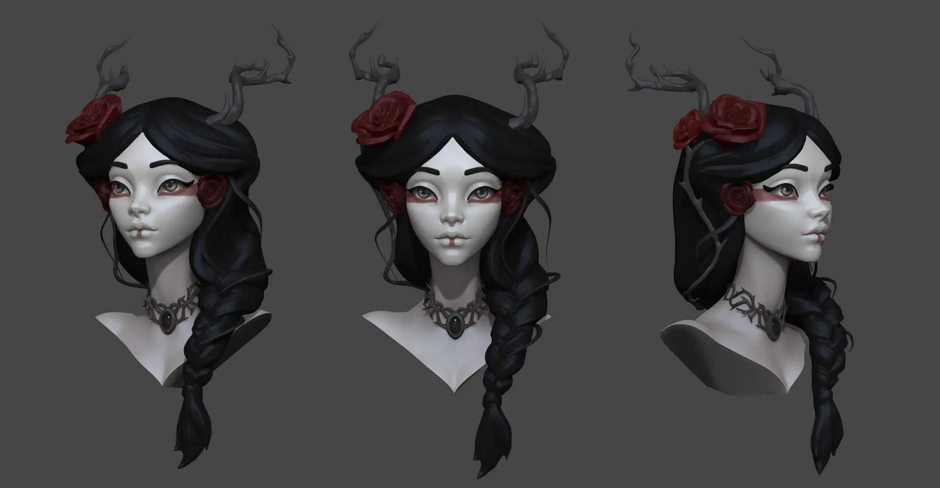 Stylized gothic female character with roses and antlers by Julia Pishtar shown from three angles