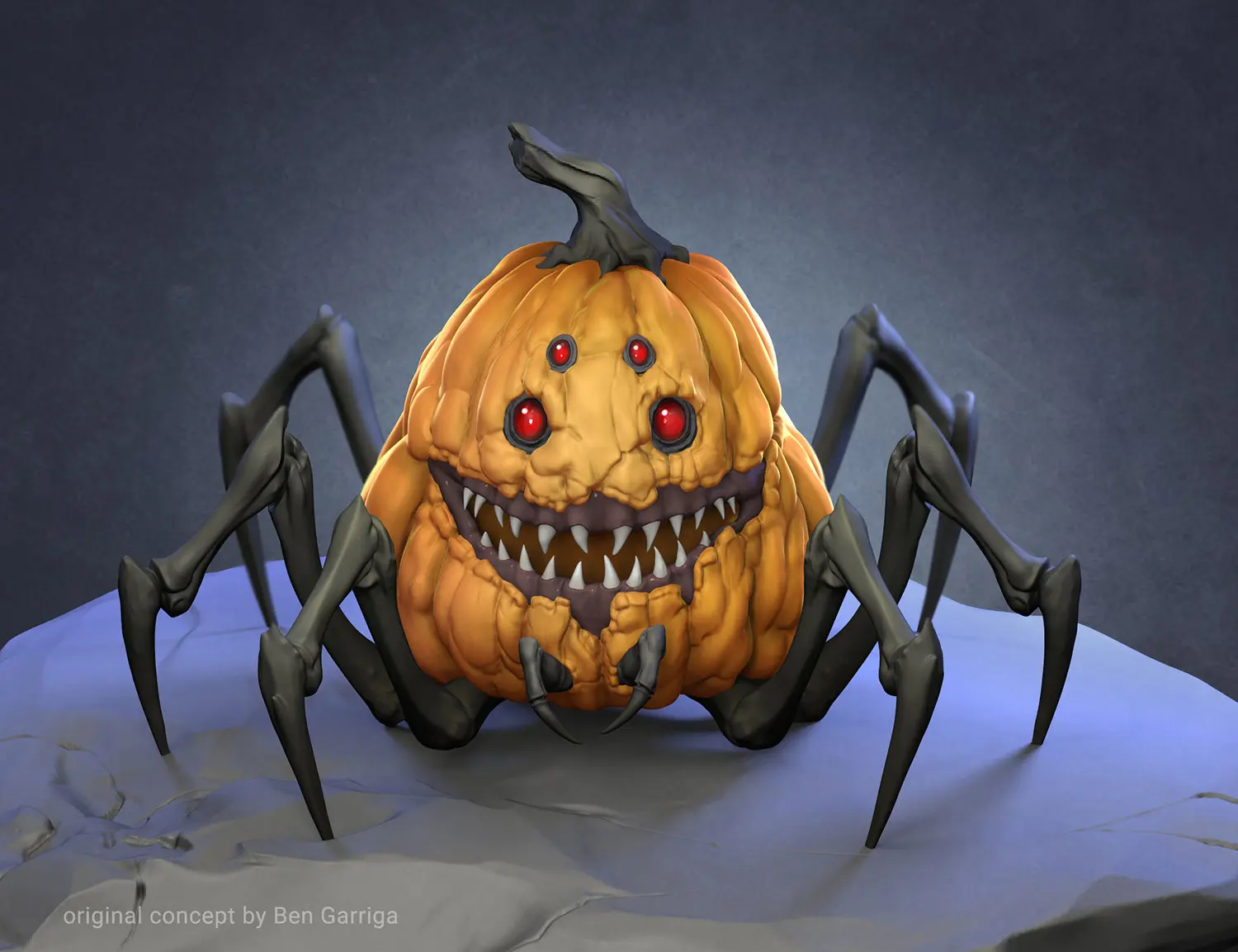 Stylized pumpkin spider monster with red eyes by Julia Pishtar