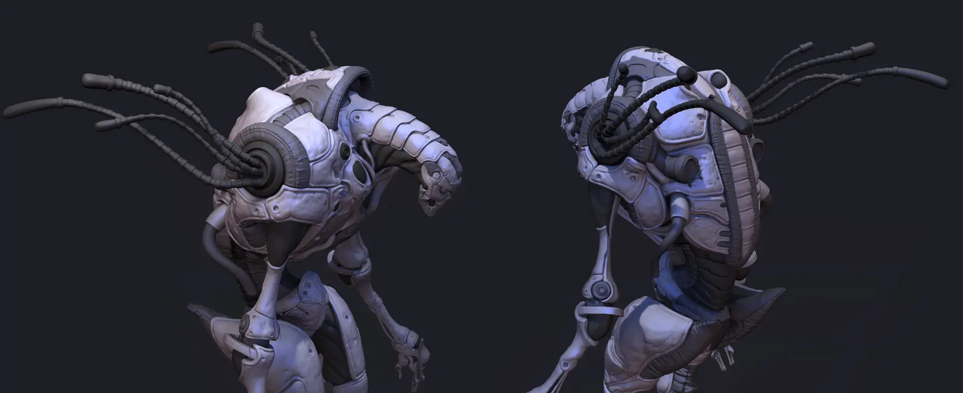 Detailed 3D sculpt of a biomechanical creature by Julia Pishtar shown from two angles