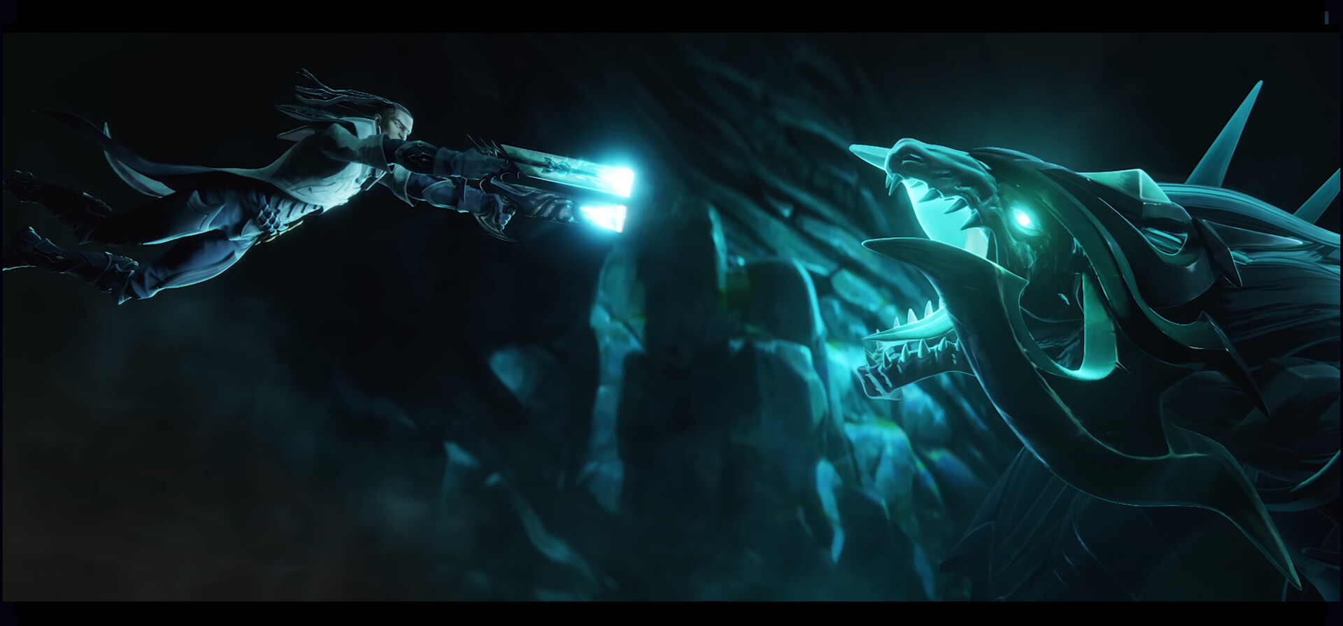 Shyvana battling a glowing dragon in a cinematic scene