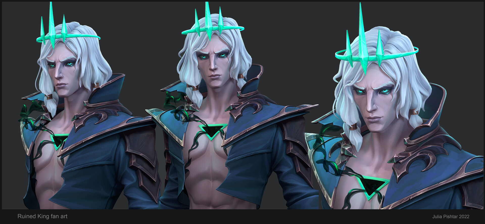 Stylized 3D fan art of Viego the Ruined King by Julia Pishtar shown from three angles