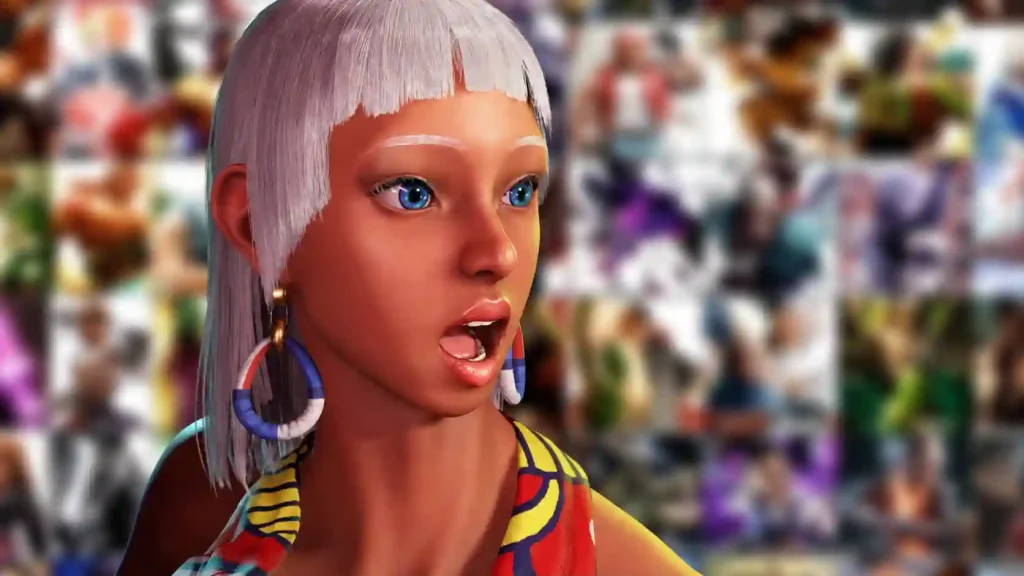 Elena from Street Fighter 6 with white hair and blue eyes