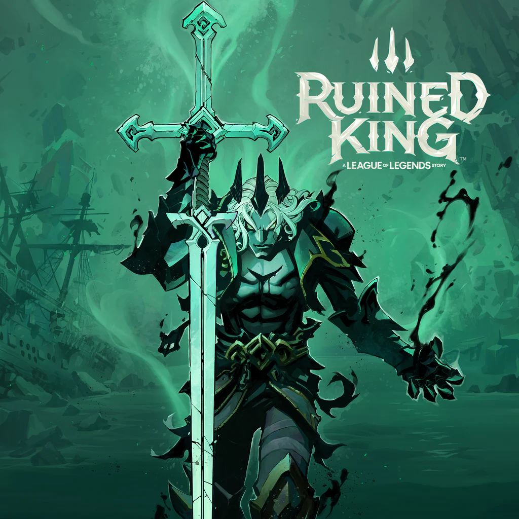 Stylized 2D illustration of Viego the Ruined King with a massive glowing sword and green ethereal background.