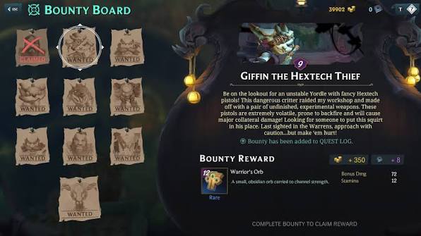 Ruined King bounty board UI with quests and rewards