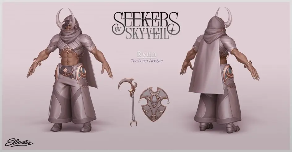 Rynn character turnaround and equipment concept art for Seekers of Skyveil
