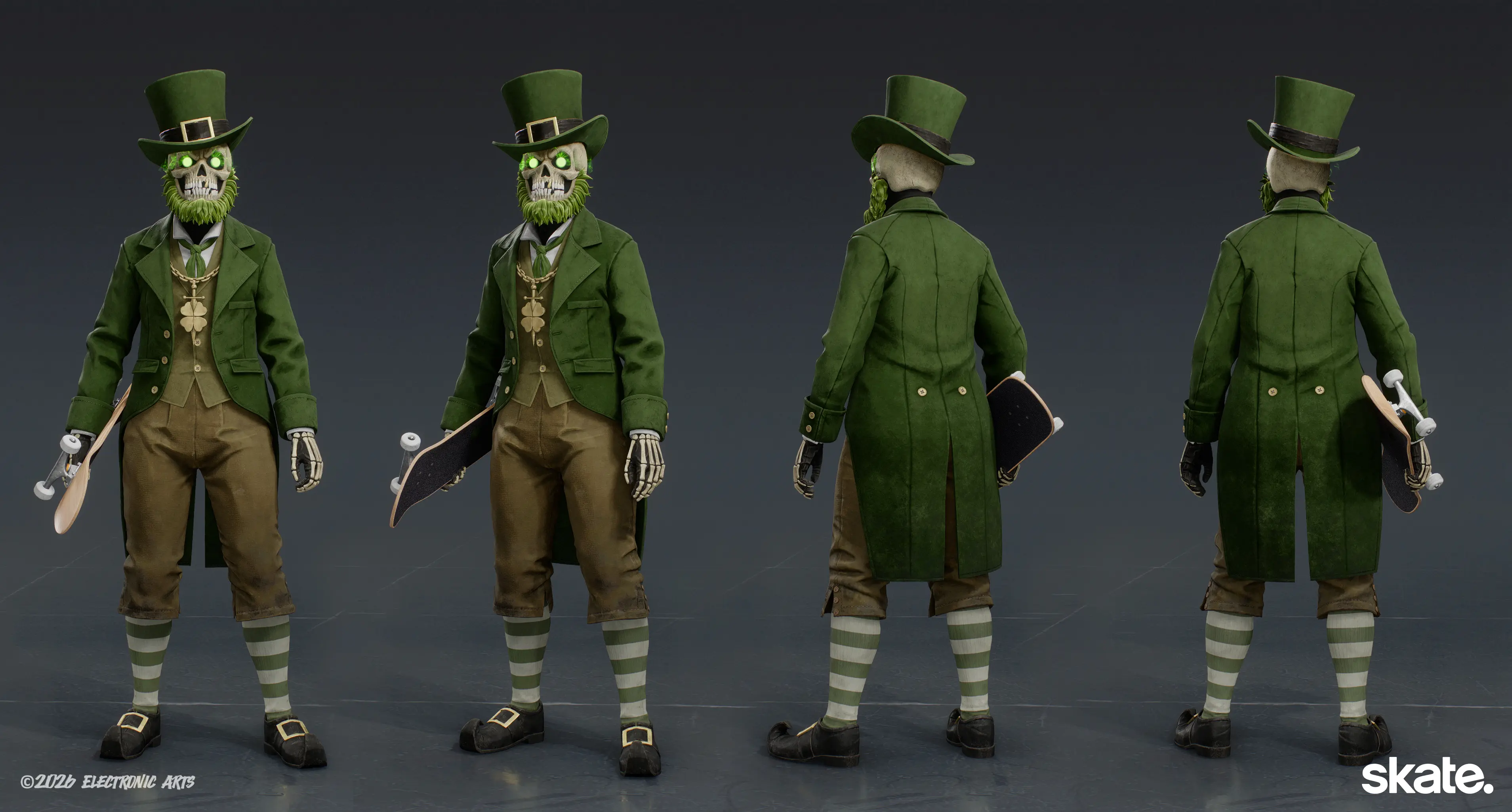 Stylized skeleton skateboarder character turnaround for Skate