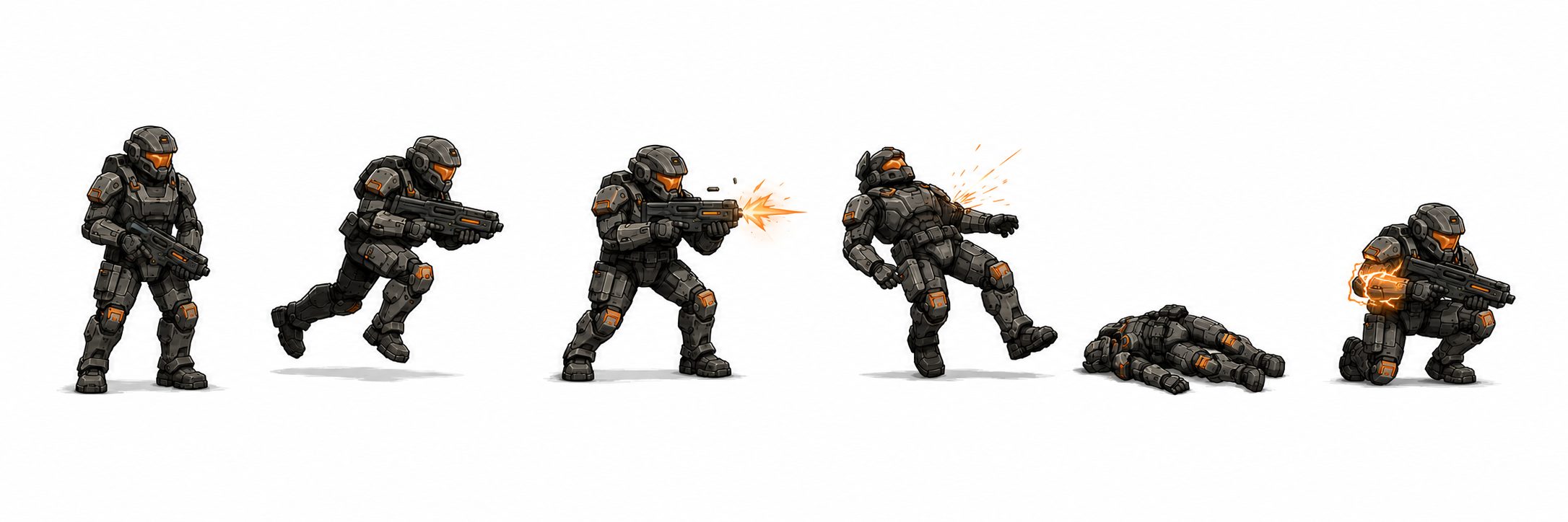 Standard unit shown in six gameplay animation states