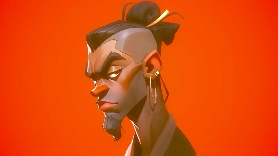 Stylized male character concept art with a side profile and orange background
