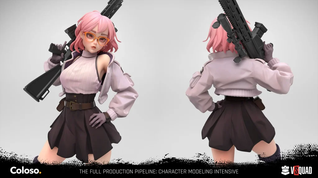 Pink-haired 3D character with a rifle, front and back views