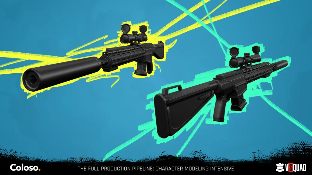 Two stylized 3D rifles with scopes and suppressors