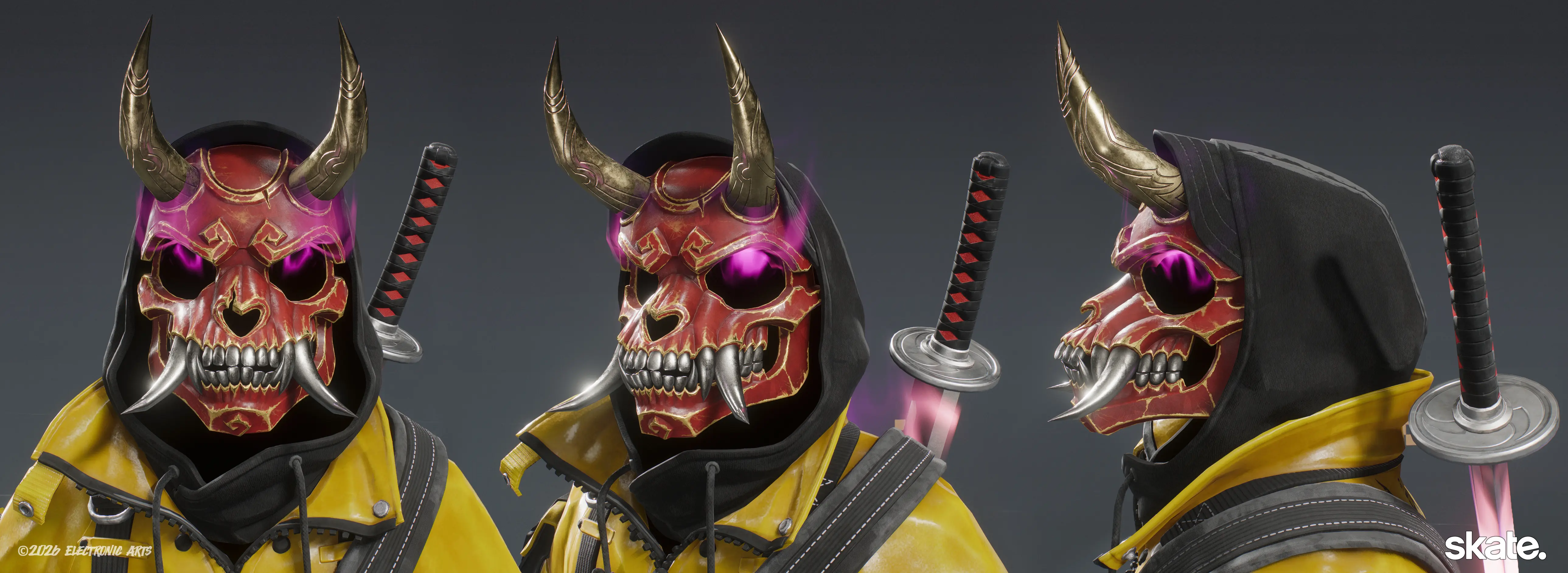Close-up views of the Tech Oni mask for Skate