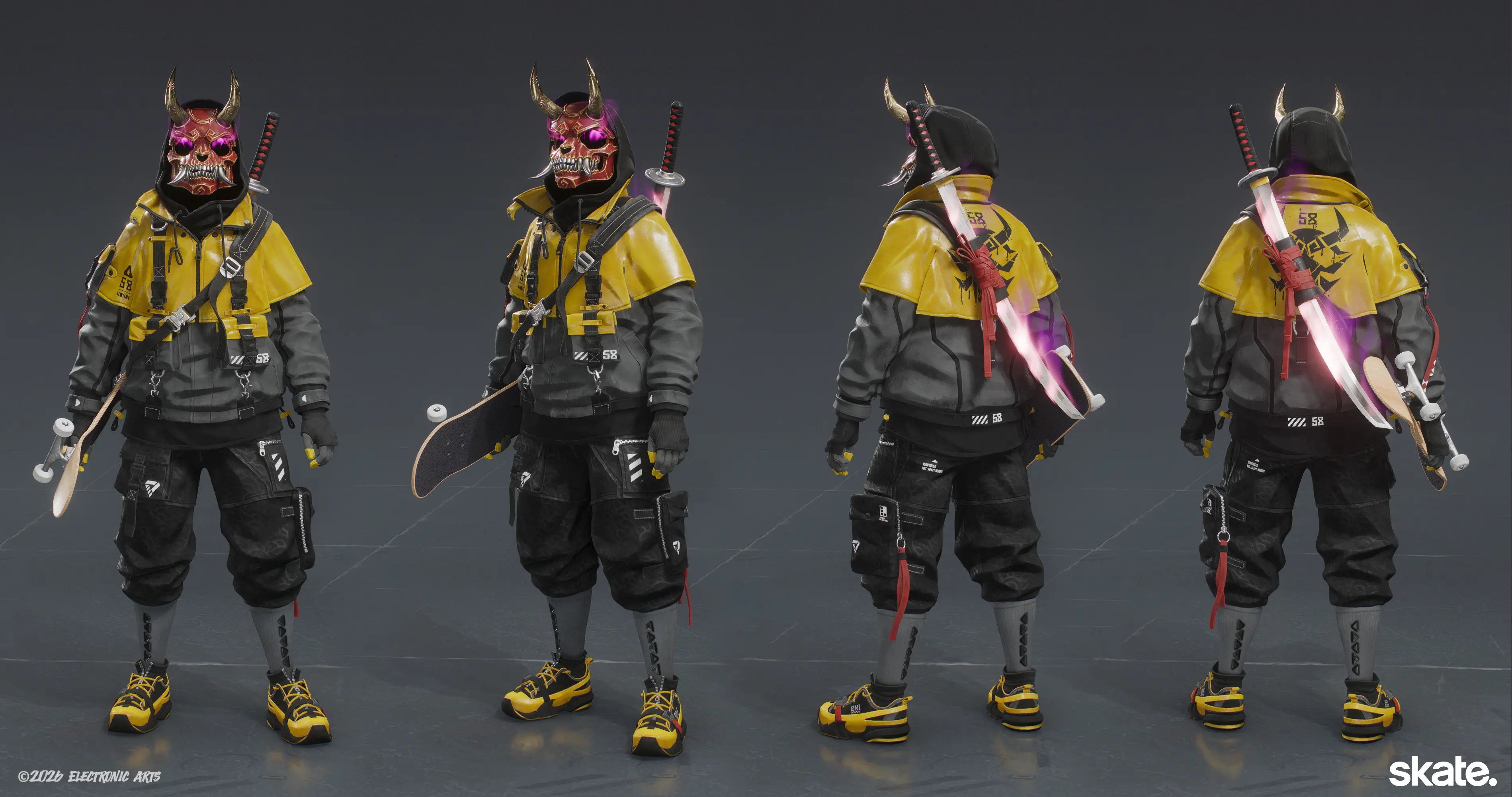 Tech Oni skateboarder character turnaround for Skate