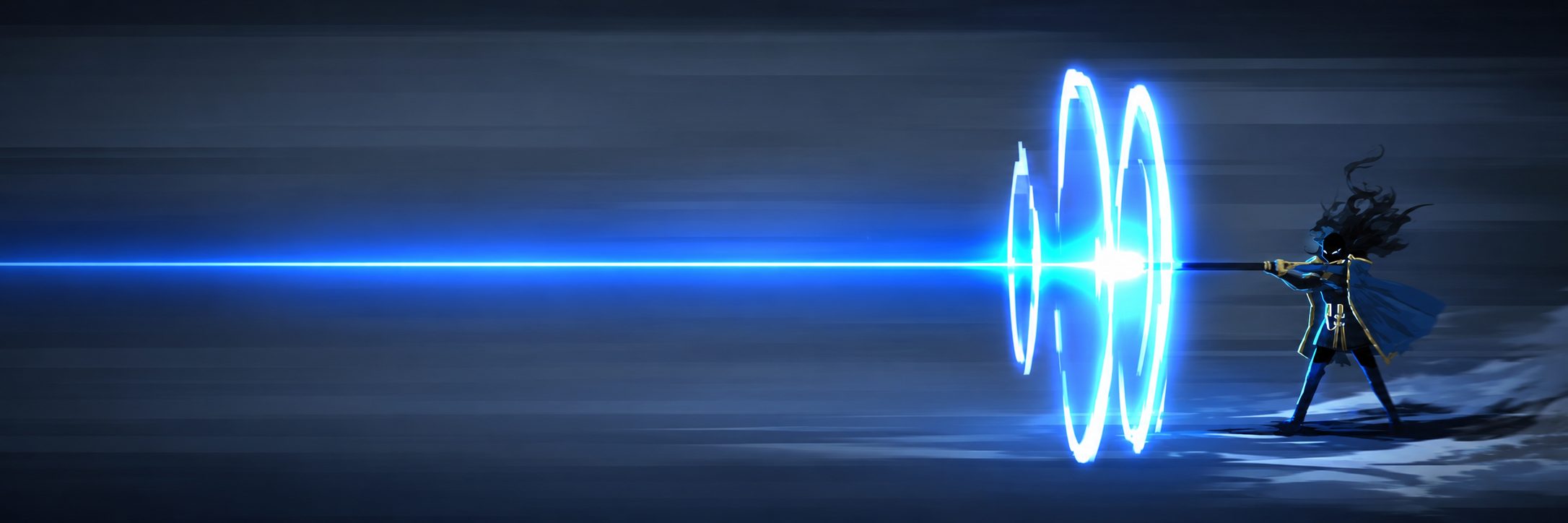 Character firing a blue energy beam through glowing rings