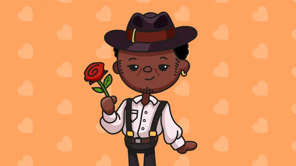 Stylized 2D character holding a red rose