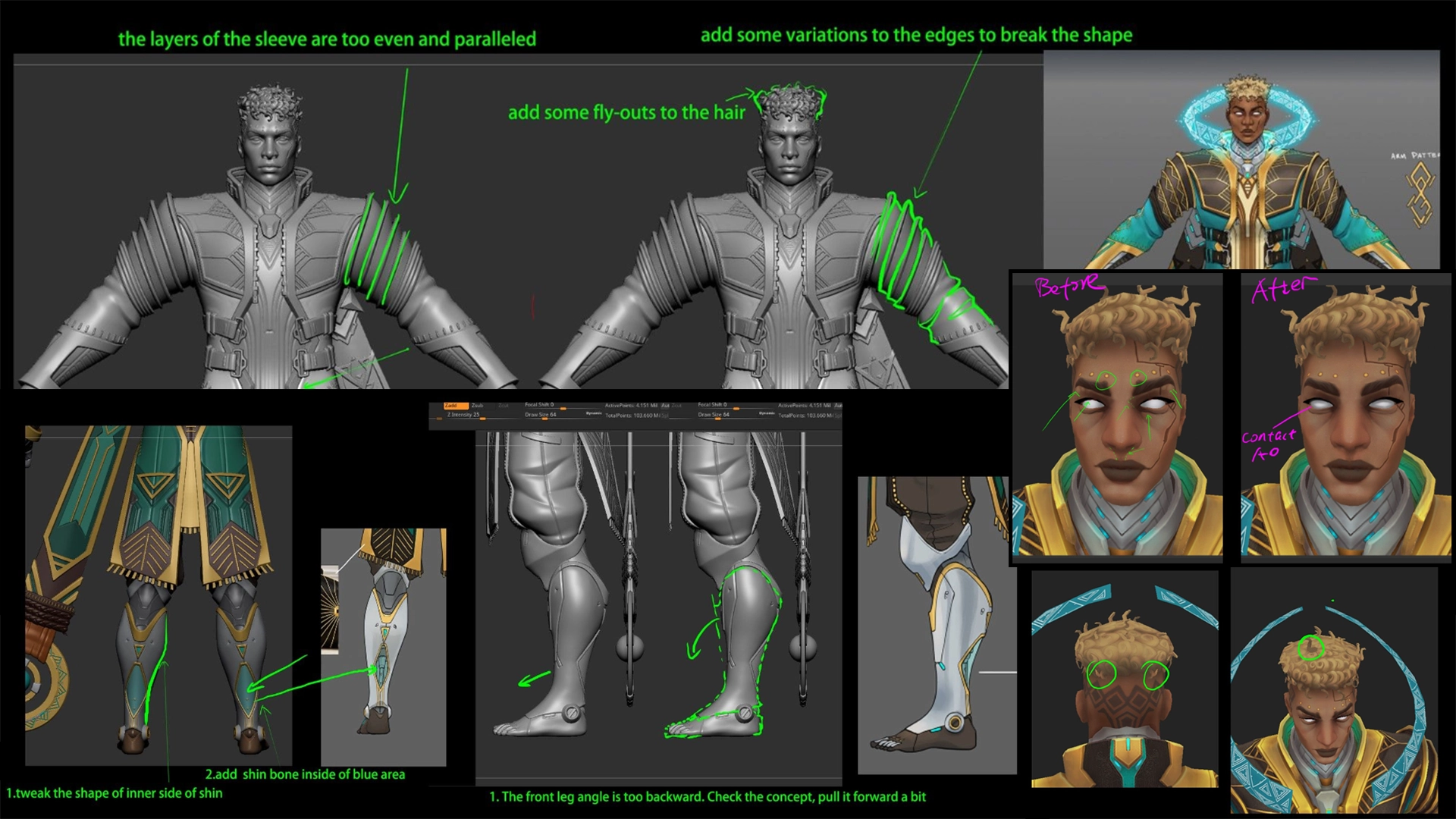 Character art revisions with visual feedback notes