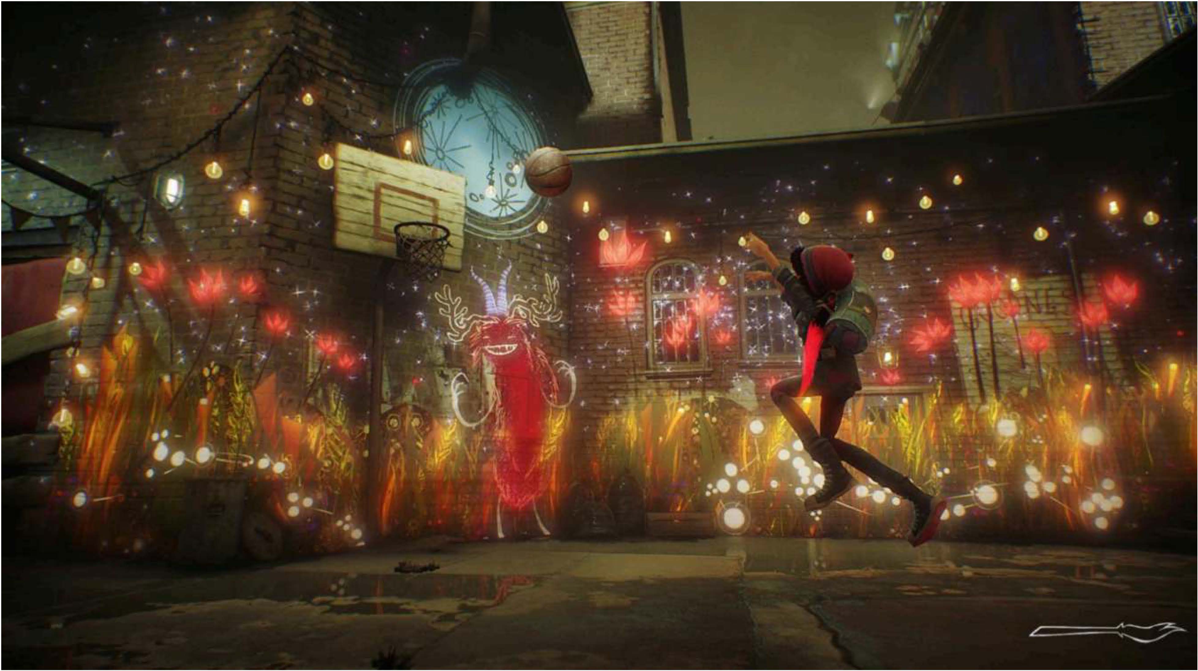 Boy playing basketball with a colorful genie