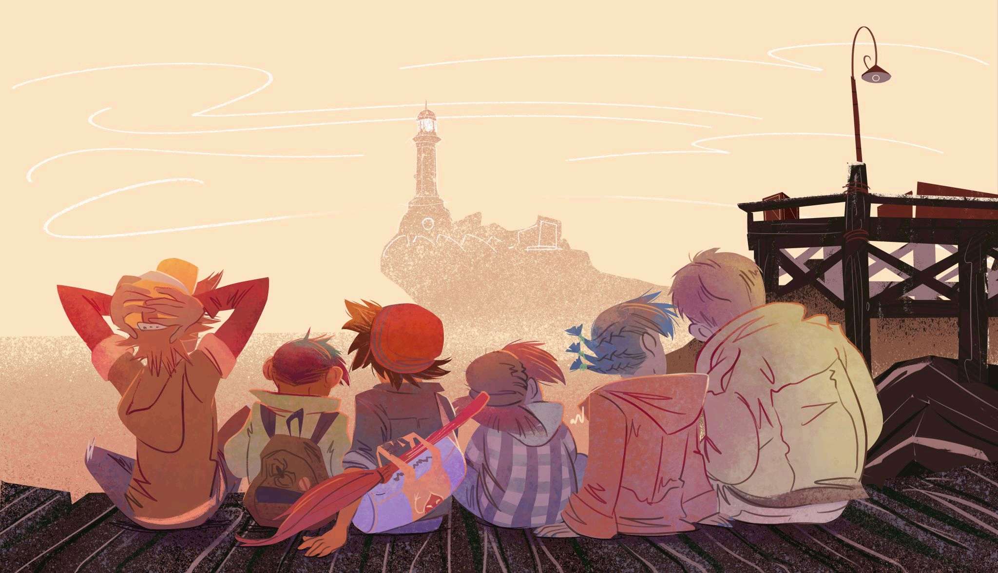 Children sitting together on a pier