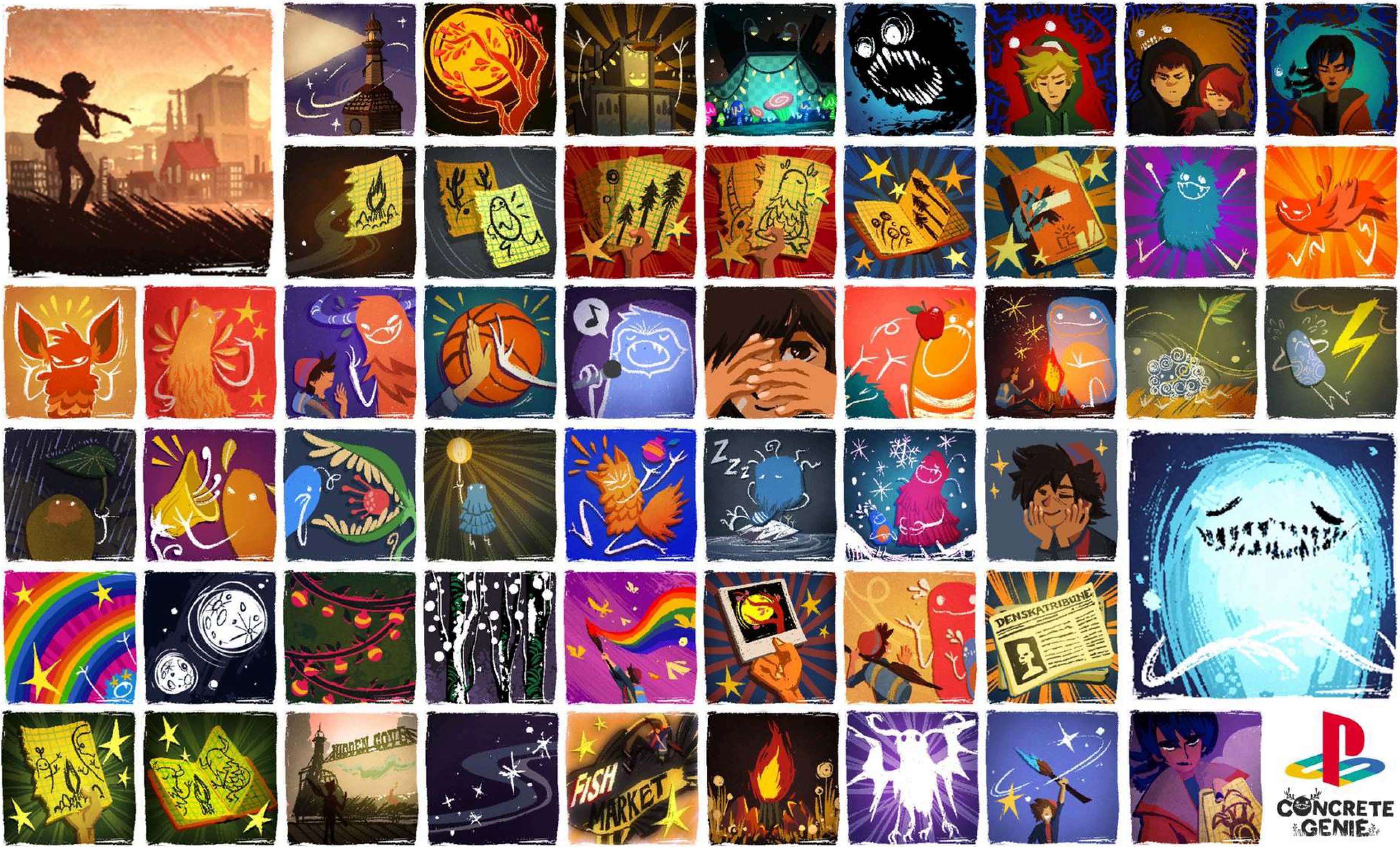 Colorful Concrete Genie storyboard illustrations