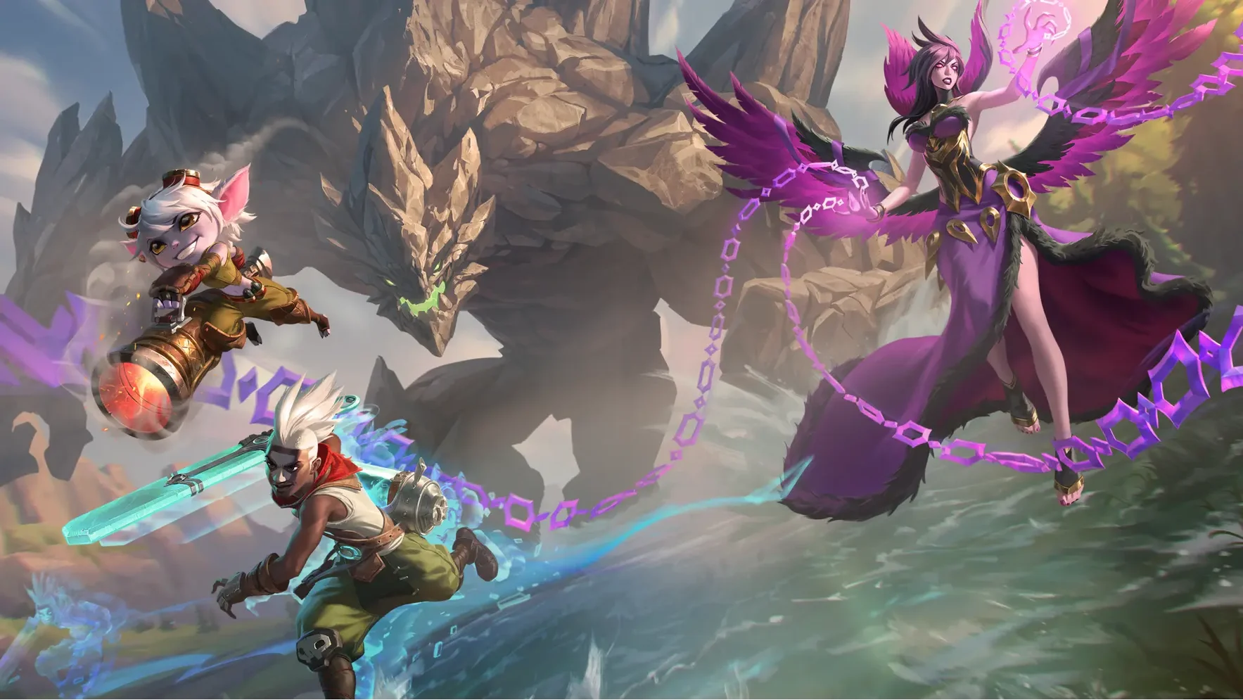 League of Legends champions fighting a dragon