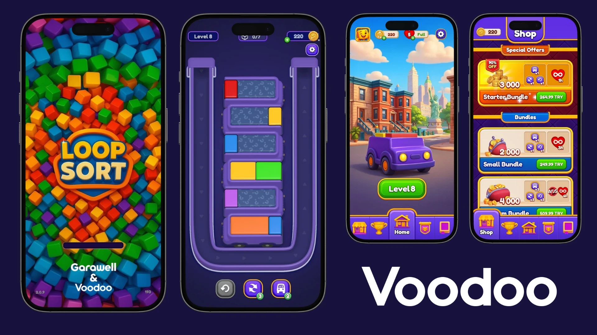 Loop Sort gameplay, home screen, and mobile shop UI