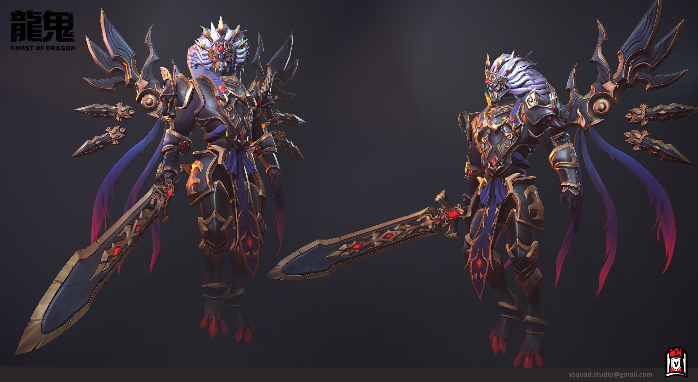 Stylized armored game character shown from two angles
