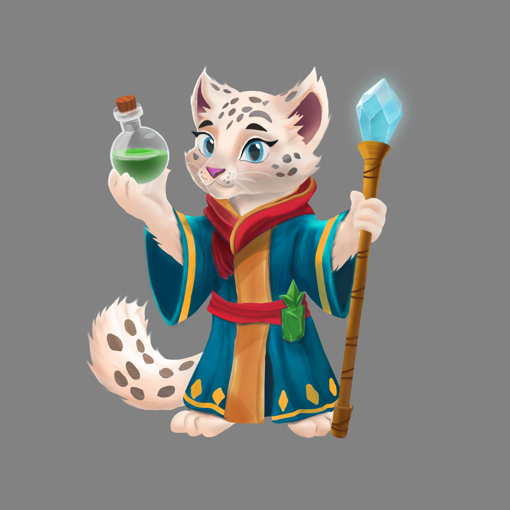 Stylized cat alchemist holding a potion and crystal staff