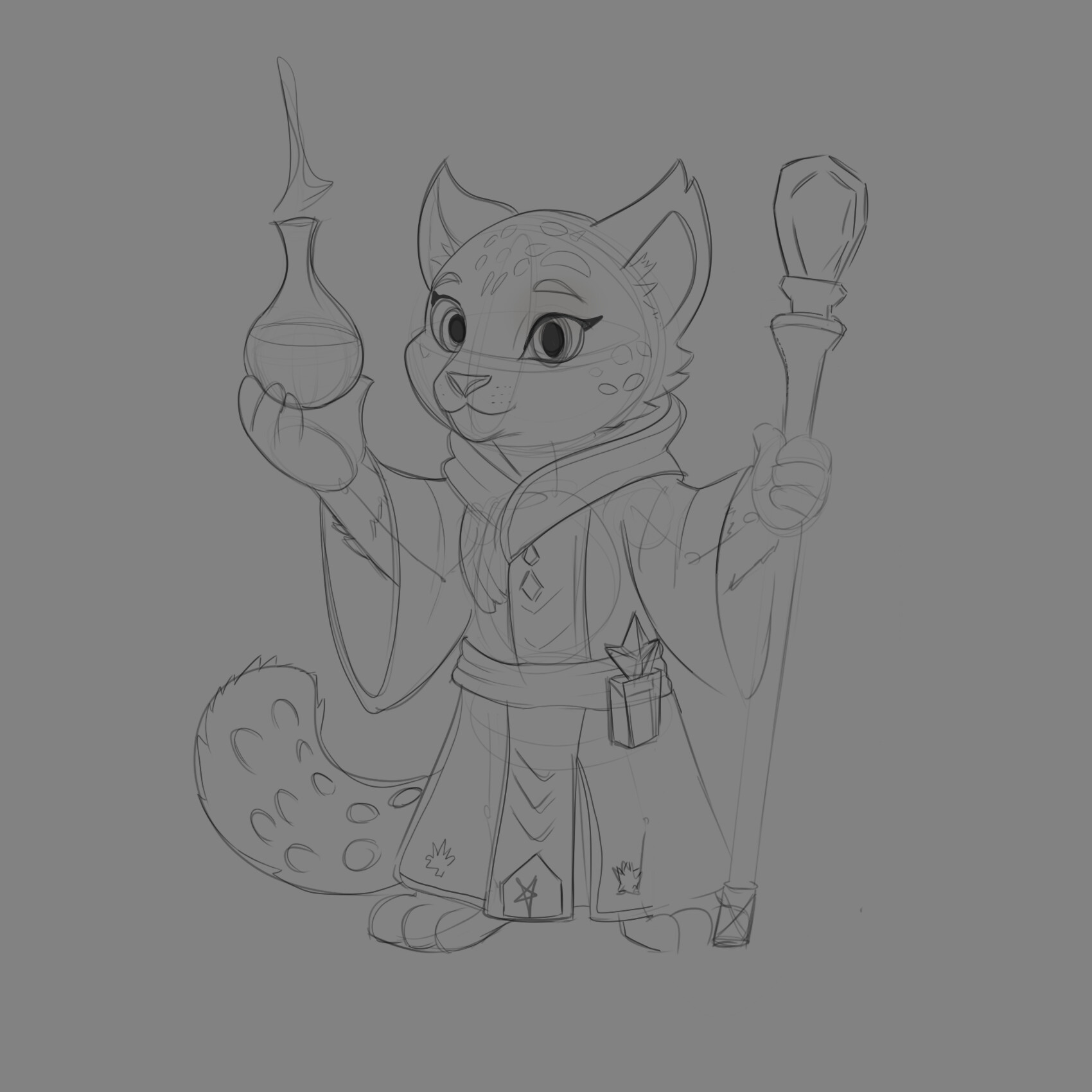 Concept sketch of a stylized cat alchemist character