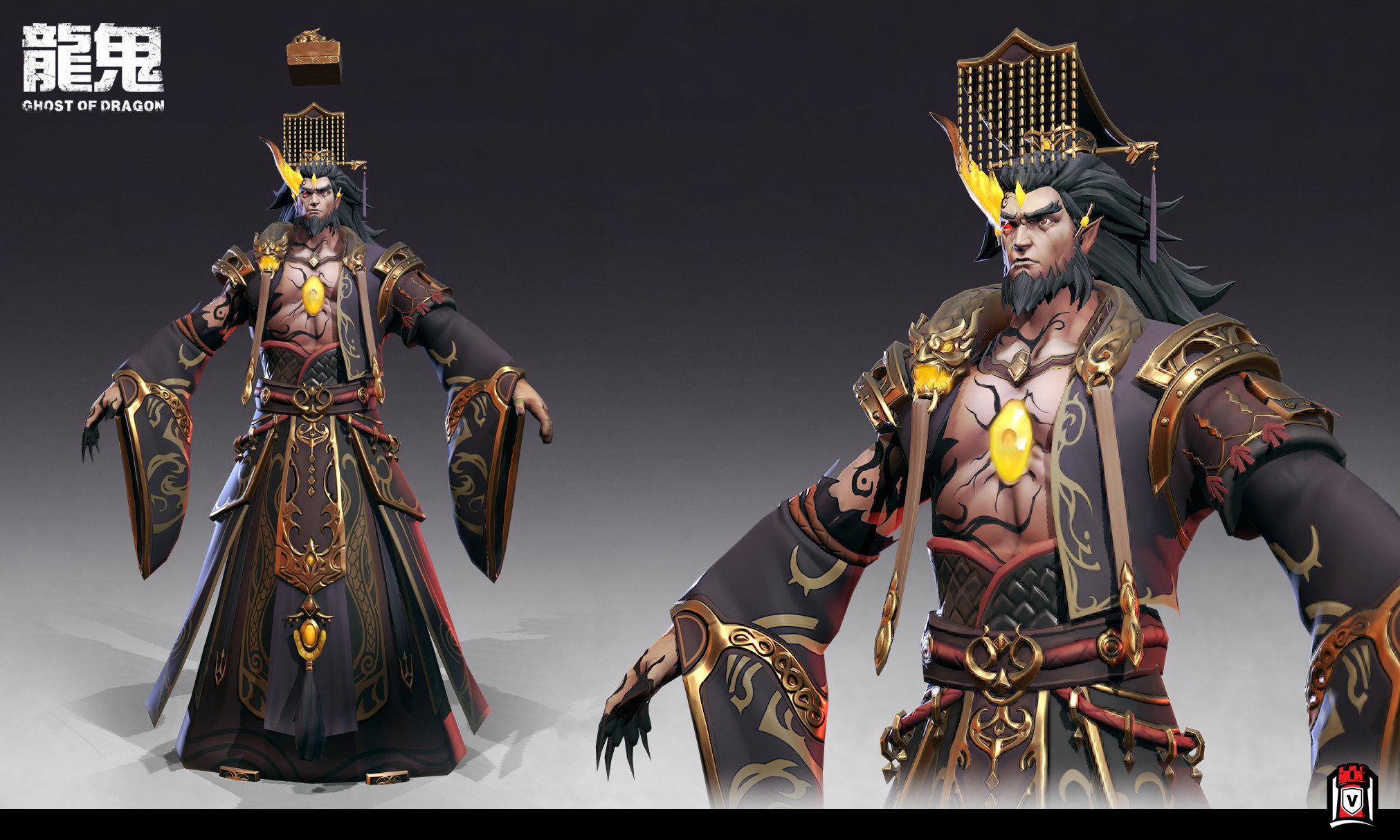 Stylized emperor game character with detailed costume and armor