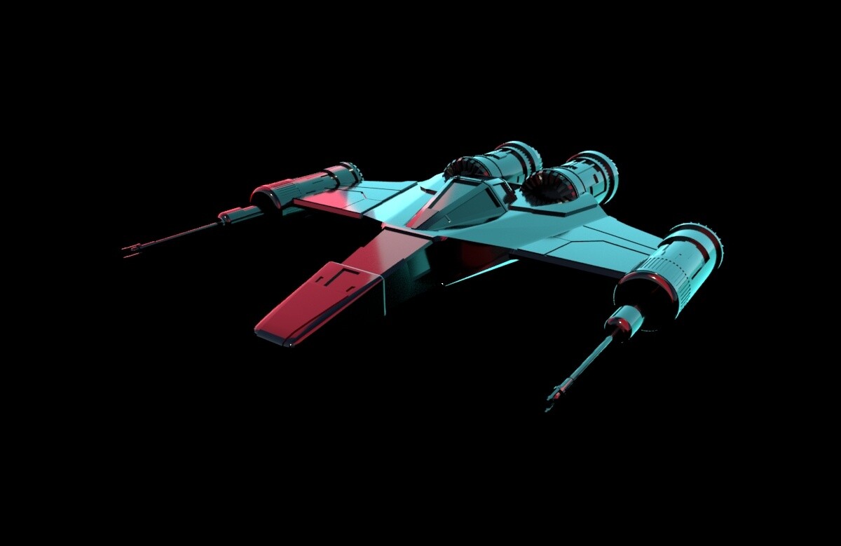 Stylized 3D render of a sci-fi spaceship