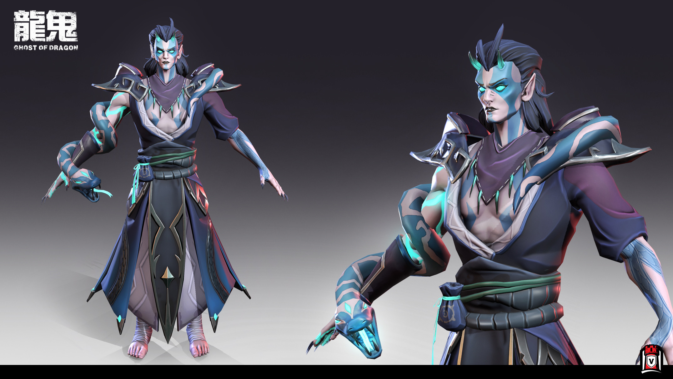 Stylized snake caster game character with layered costume design
