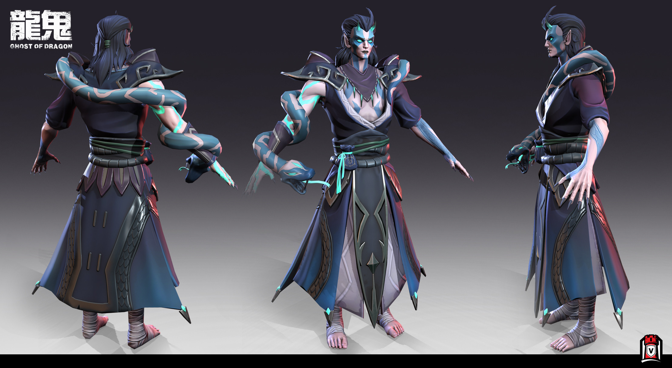 Stylized snake caster character shown from multiple angles