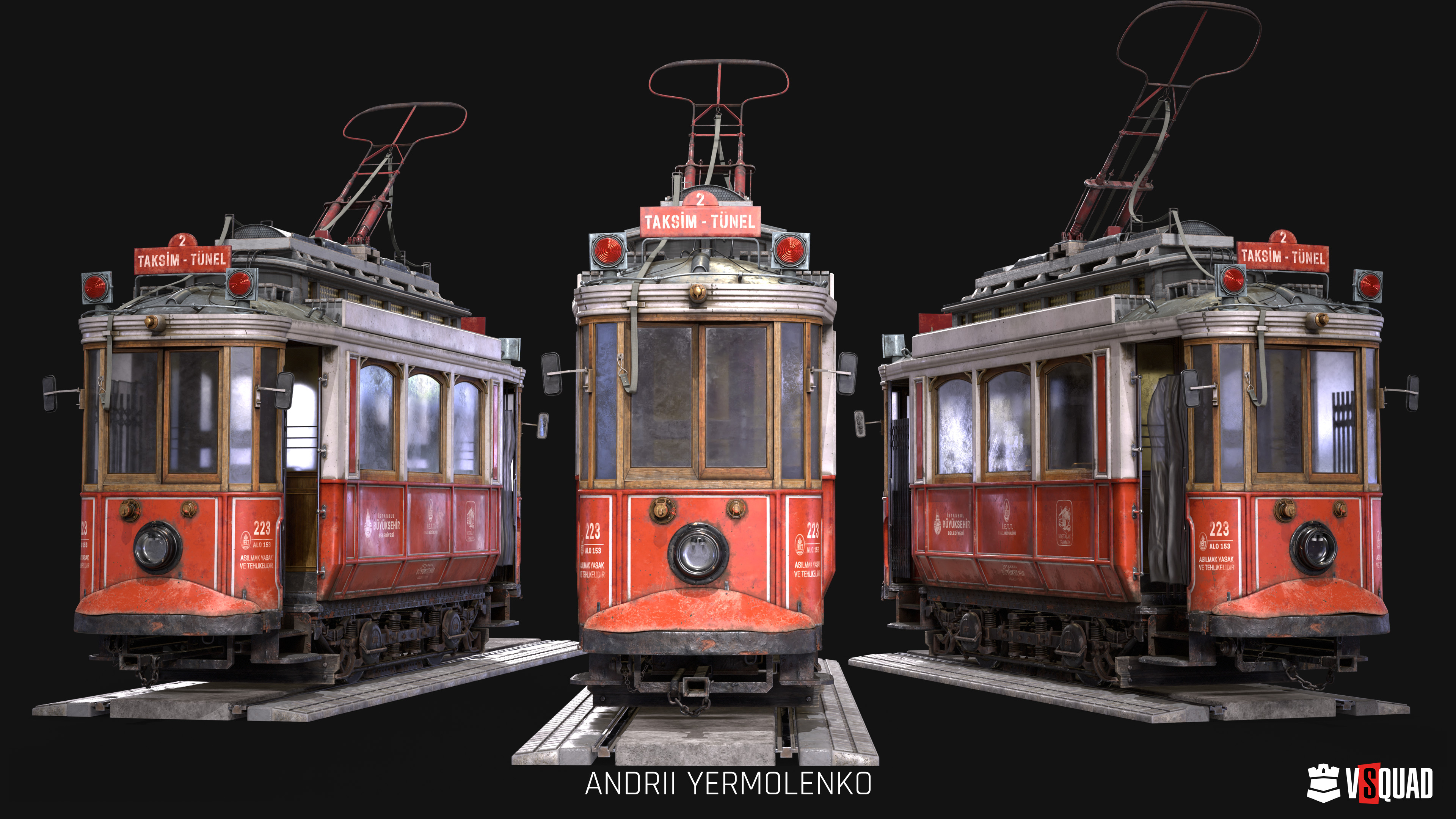 Vintage Istanbul tram 3D model shown from multiple angles