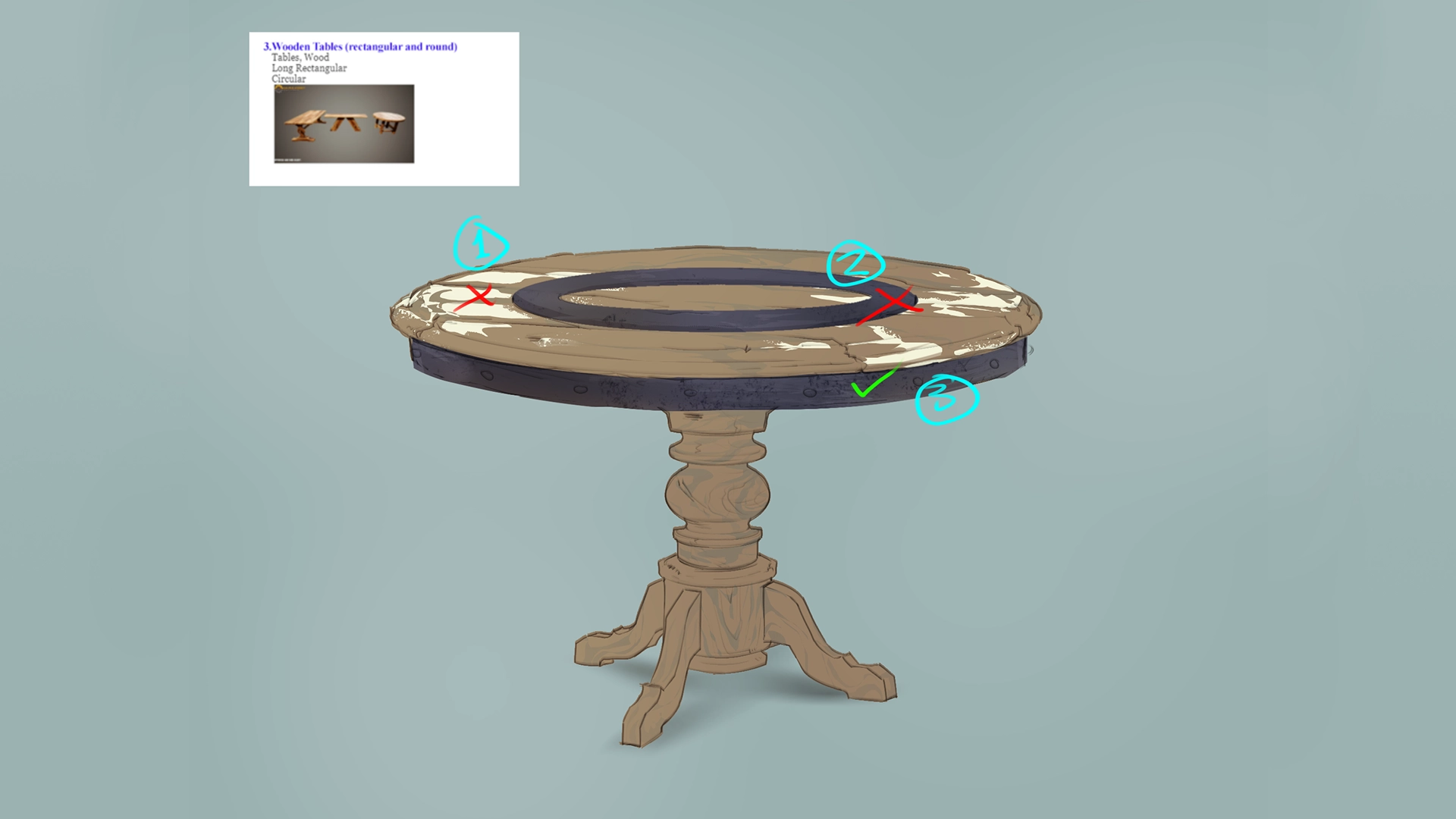 Visual feedback notes on a wooden table asset