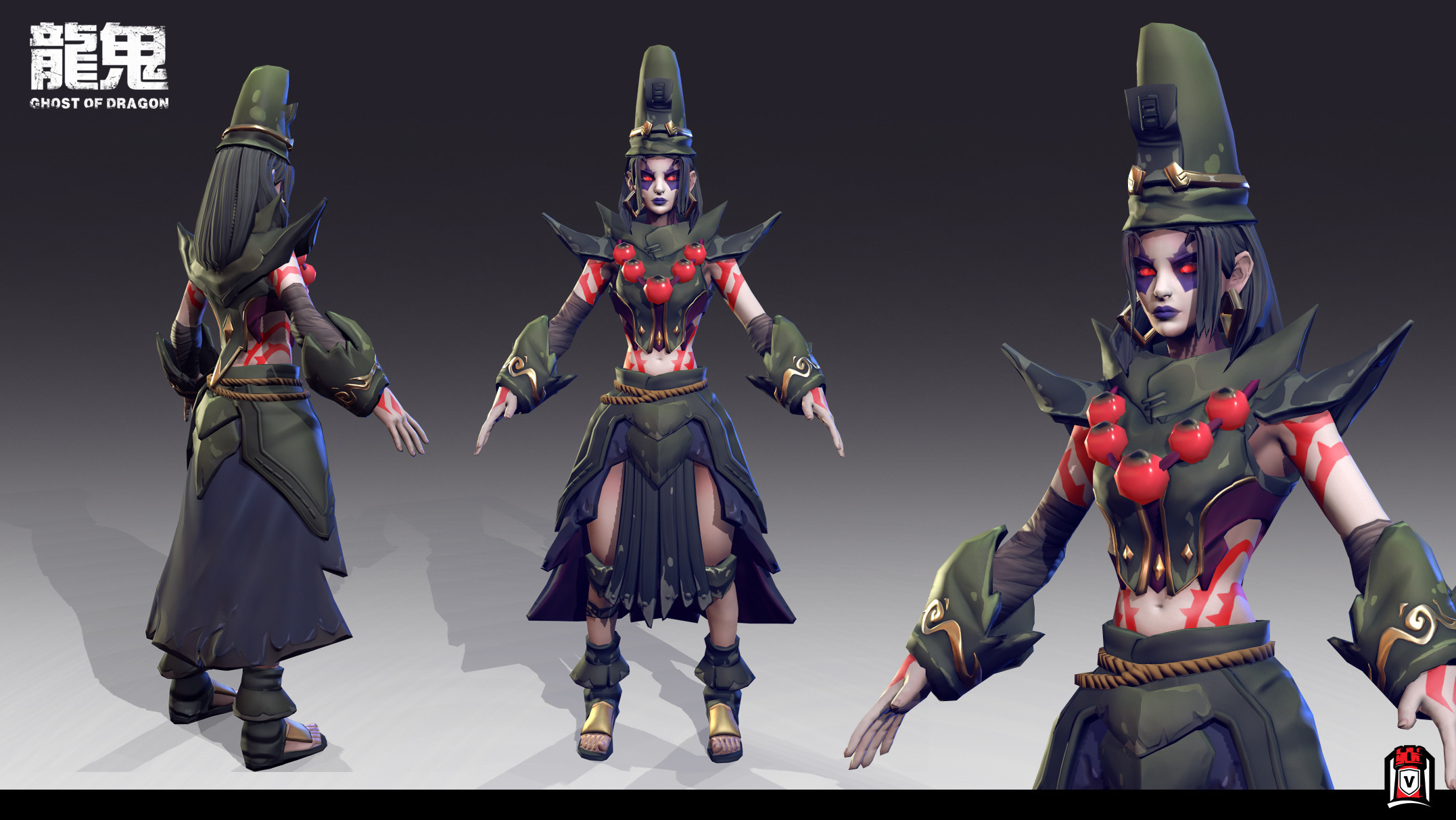 Stylized black mage character shown from multiple angles